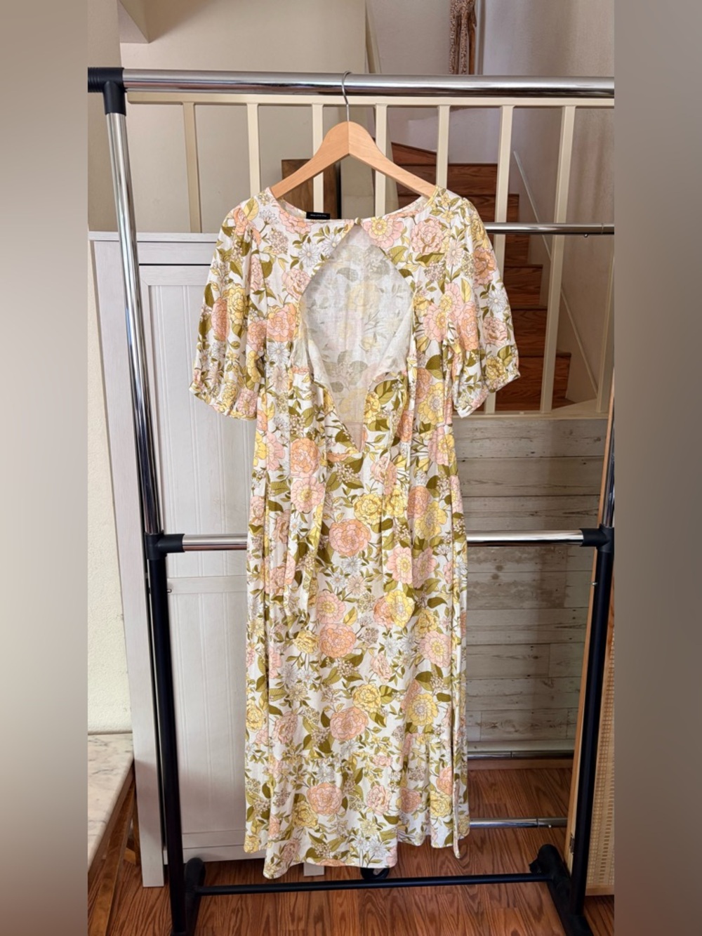 Who What Wear Small Linen Floral Tie Back Midi Dress Puff Sleeves & Side Pockets - Picture 4 of 11